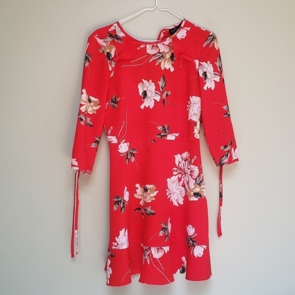 Topshop PETITE Red Paint Floral Tea Dress Size 0 - Picture 3 of 14